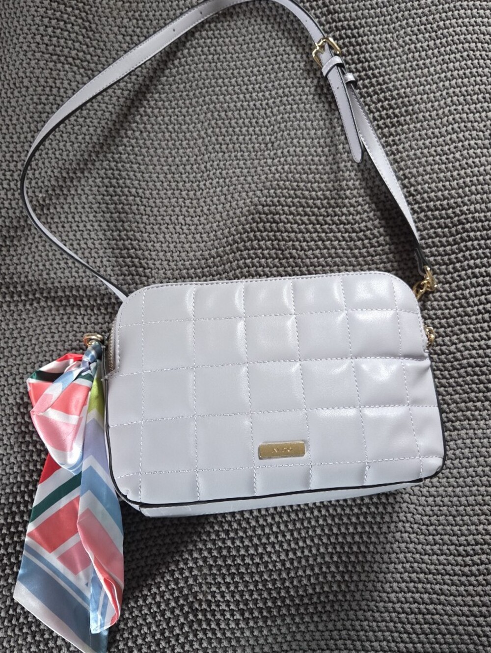 Quilted Lavender Crossbody Bag with Colorful Scarf Accent